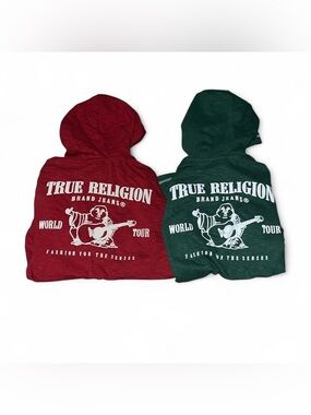 Bundle of 2 True Religion Hooded Flat Lock Slub Henley Hoodies Red and Green